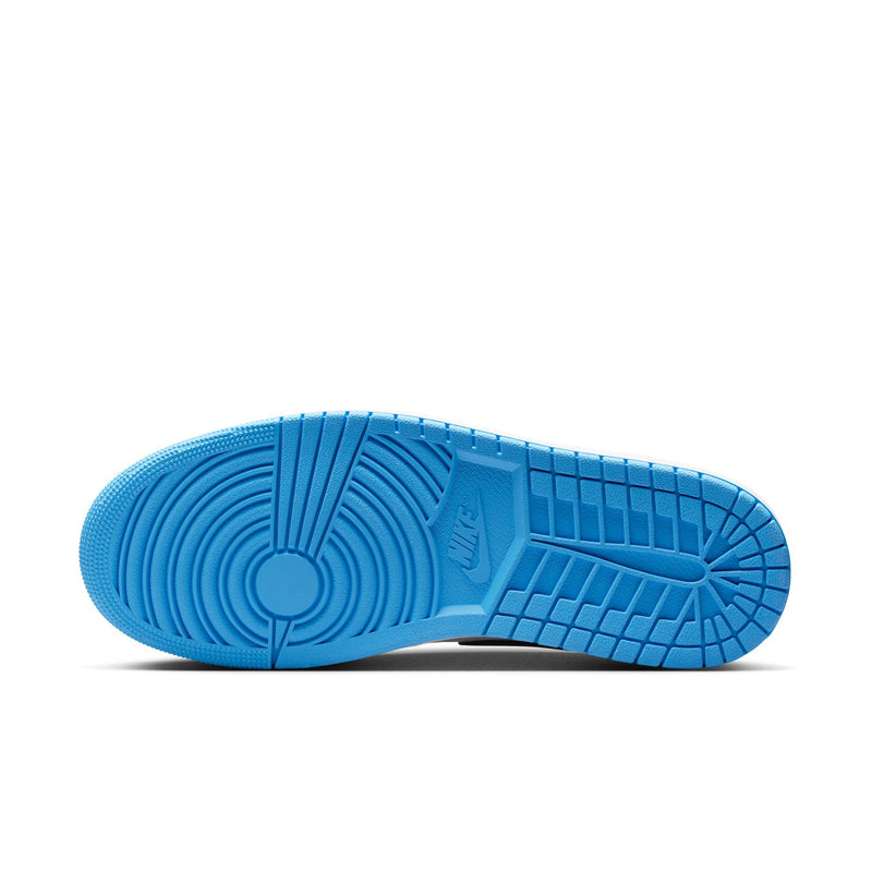 Men's low-top sneakers outsole, blue tread with textured rubber on underside.