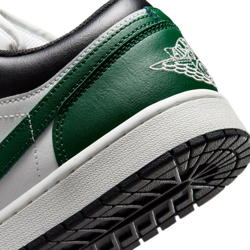 AJ 1 Low men's shoe side, green leather swoosh with stitched overlay detail