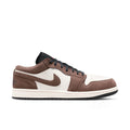 Men’s low-top sneakers, white leather with brown panels, black swoosh, black outsole