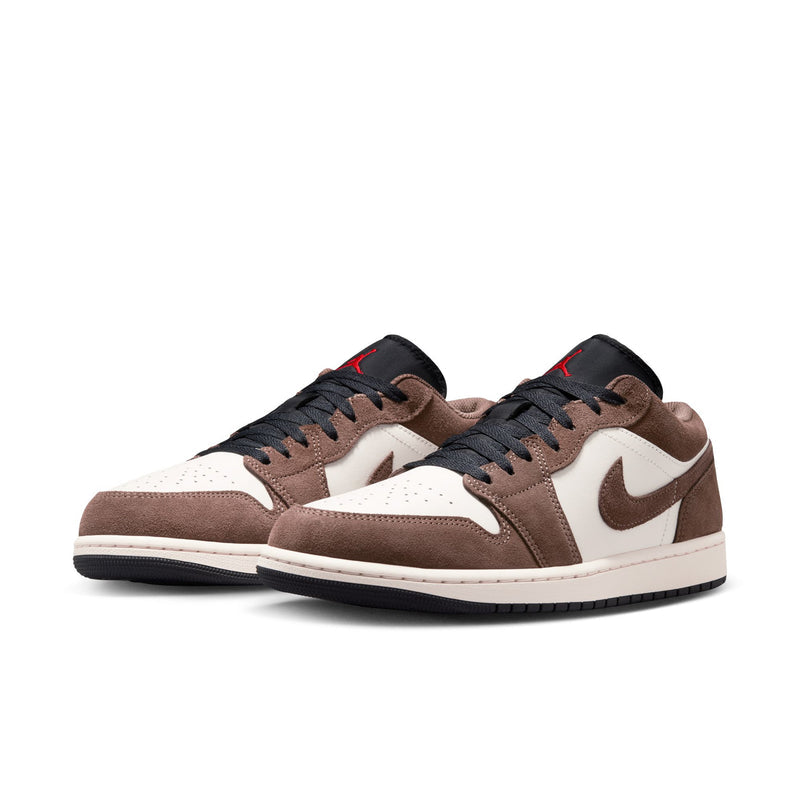 Men’s low-top sneakers, brown and white with black laces and side swoosh, two shoes