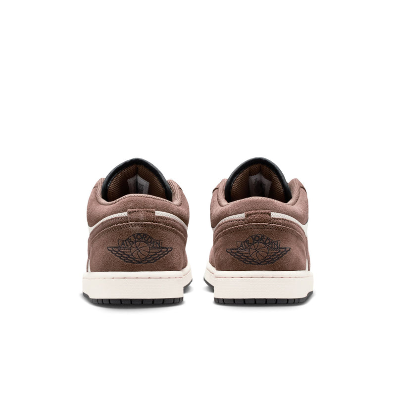 Men’s low-top sneakers heel view, brown suede with black tongue and logo, white midsoles