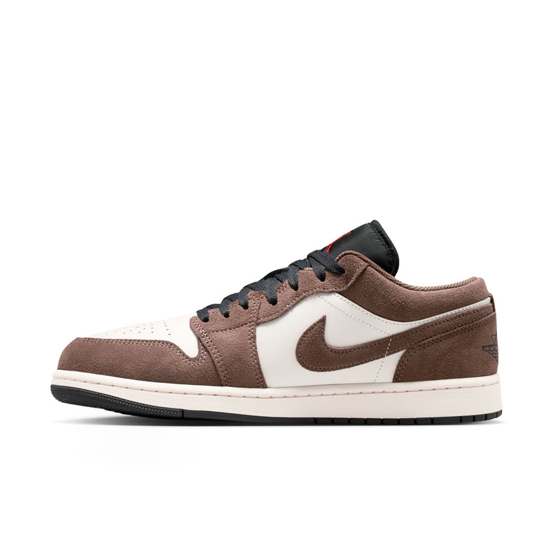 Men’s low-top sneakers side view, brown suede overlays, white base, black swoosh