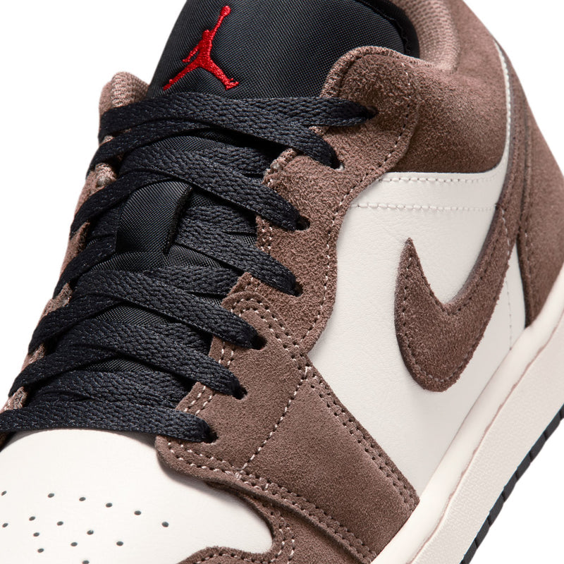 Close-up of men’s low-top sneaker upper, black laces, brown suede, white panel