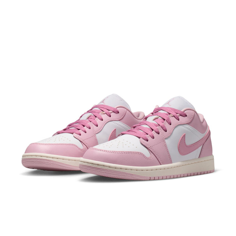 Women's low-top sneakers, pink and white, pink laces, swoosh on side