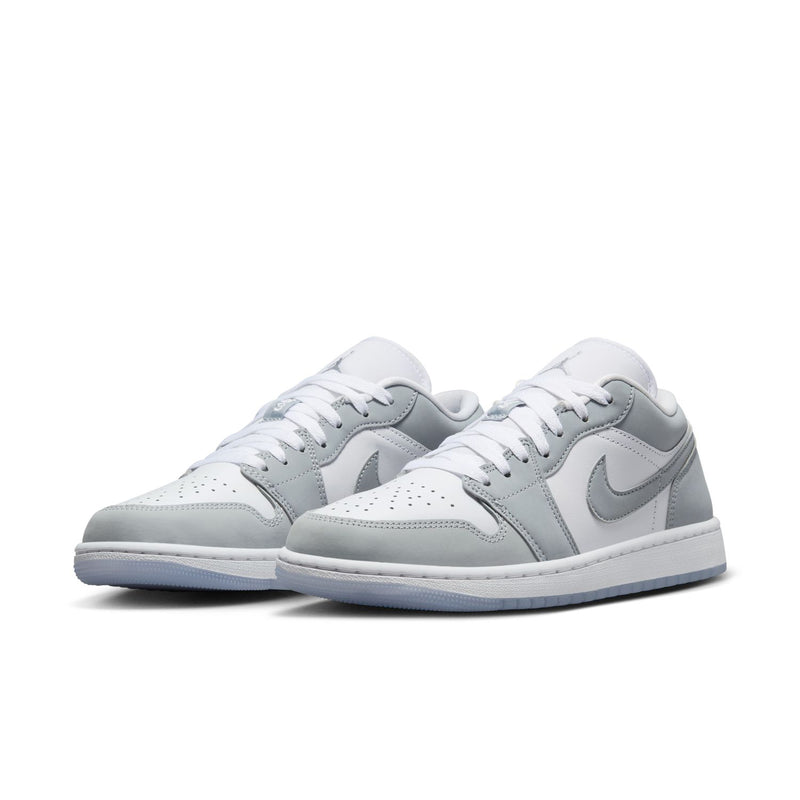 Women's Air Jordan 1 low-top sneakers, white leather with gray Swoosh and light-blue sole
