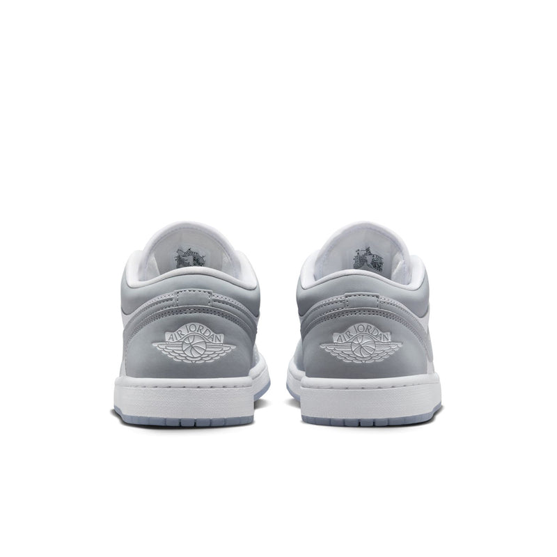 Women's Air Jordan 1 low-top sneakers, heel view with Air Jordan logo and white laces