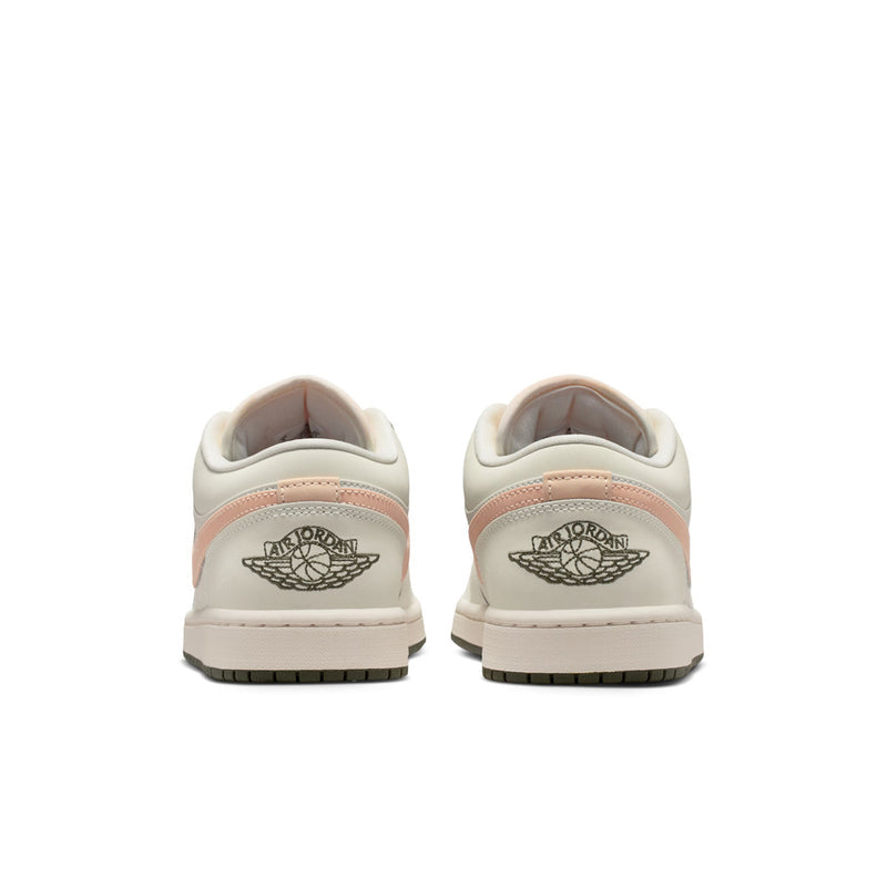 Women's low-top sneakers with off-white heels, pink trim, and dark olive lace loops