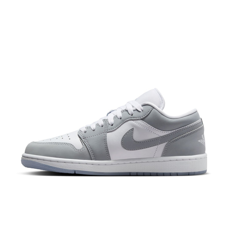 Women's Air Jordan 1 low-top sneakers, side view with gray Swoosh and white midsole