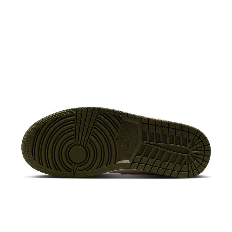 Women's low-top sneaker outsole in dark olive with tread and circular traction pattern