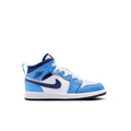 Kids mid-top sneakers in white, light blue, and dark navy with a swoosh logo