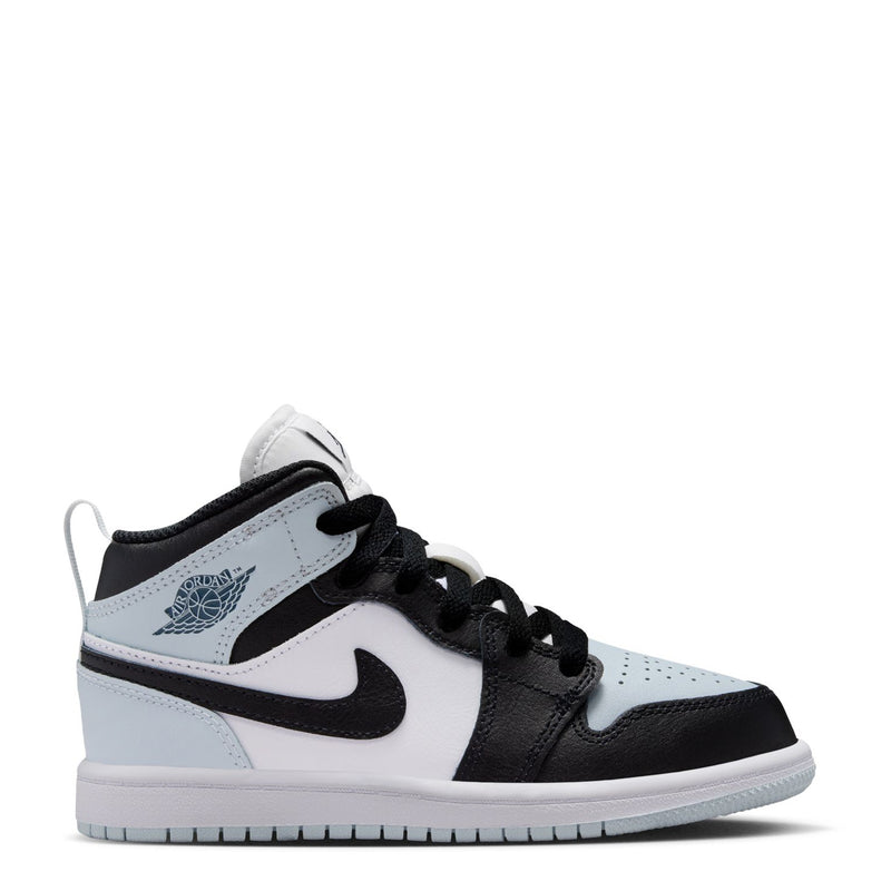 Kids mid-top sneakers in black, white, and light blue; black swoosh, lace-up