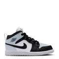 Kids mid-top sneakers in black, white, and light blue; black swoosh, lace-up