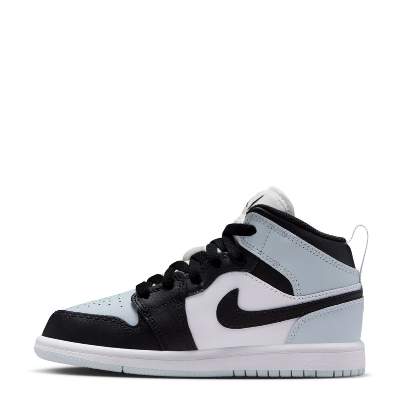 Kids mid-top sneakers side view: black toe and heel with white panels and light blue