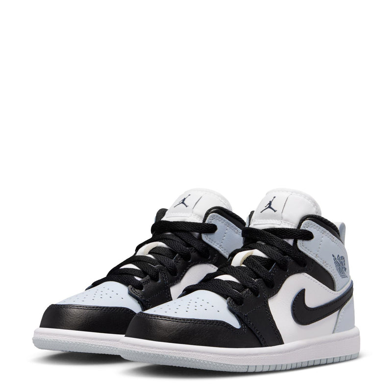 Kids mid-top sneakers pair view with black laces, white uppers, and light blue accents