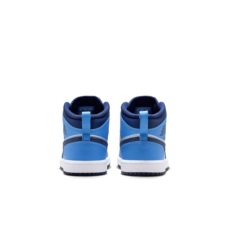 Kids mid-top sneakers rear view with blue heel tabs and white midsoles
