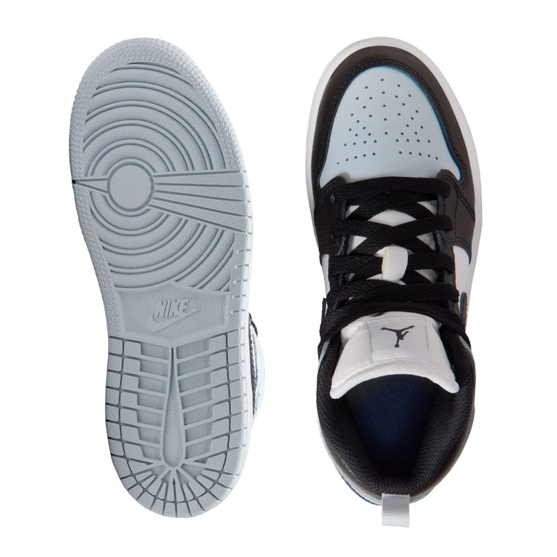 Kids mid-top sneakers outsole and inner view; tread sole with black heel trim