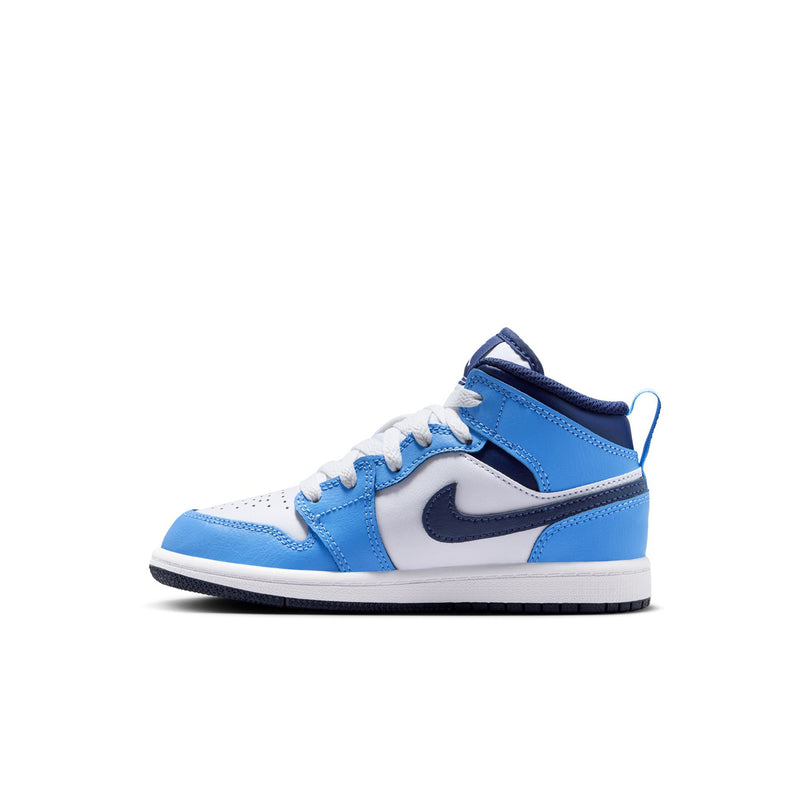 Kids mid-top sneakers with blue upper panels, white toe box, and navy swoosh