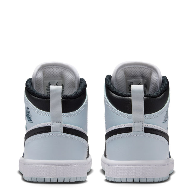 Kids mid-top sneakers back view: white ankle with black lining and light blue heel