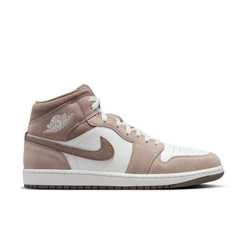 Air Jordan 1 Mid men's shoes, beige suede and white high-top with Nike swoosh, side view