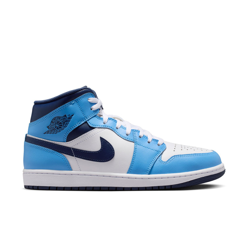 Men's mid-top sneakers in white, light blue, and navy with lace-up closure