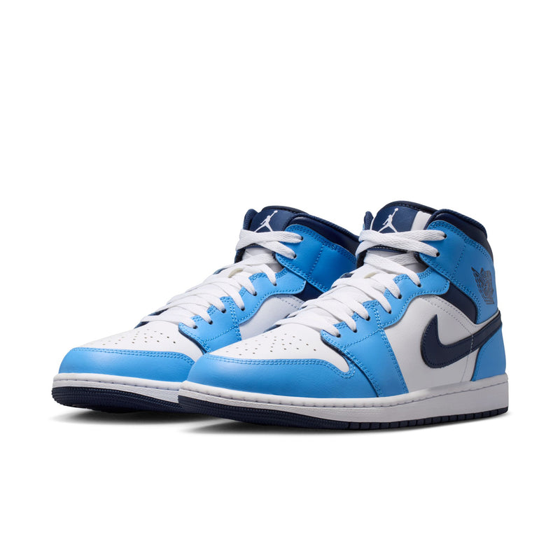Men's mid-top sneakers, side view, white leather with light blue and navy accents