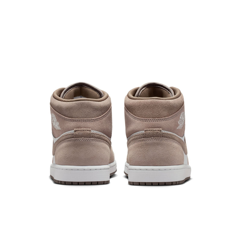 Air Jordan 1 Mid men's shoes, beige suede high-top with white midsole, heel view
