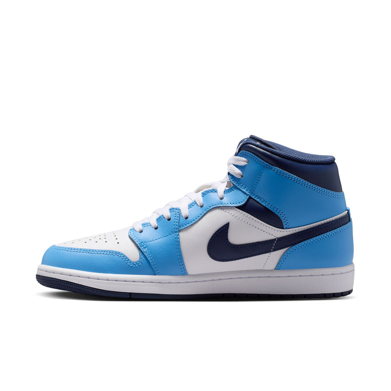 Men's mid-top sneakers, quarter view, light blue leather with white toe and navy swoosh