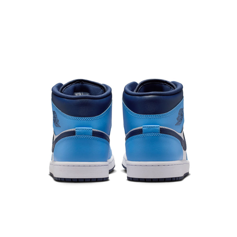Men's mid-top sneakers, heel view, navy collars and light blue panels with white soles