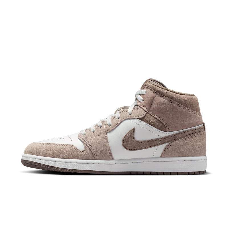 Air Jordan 1 Mid men's shoes, taupe and white high-top with side swoosh, lace front