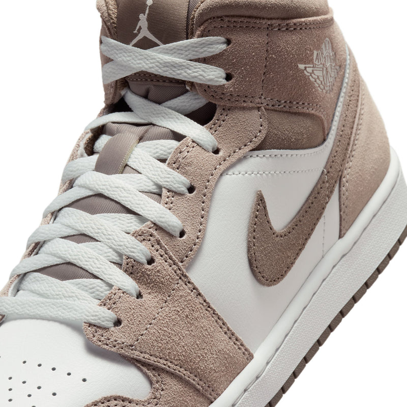 Air Jordan 1 Mid men's shoes, close-up of laces on beige suede and white panels