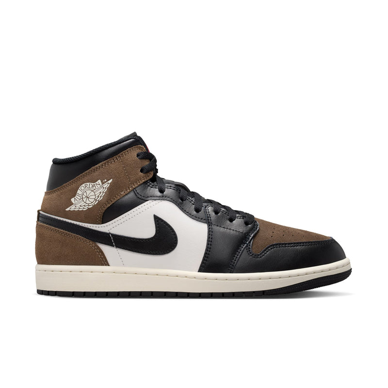 Mens mid-top sneakers in black, white, and tan suede with black laces and Nike Swoosh