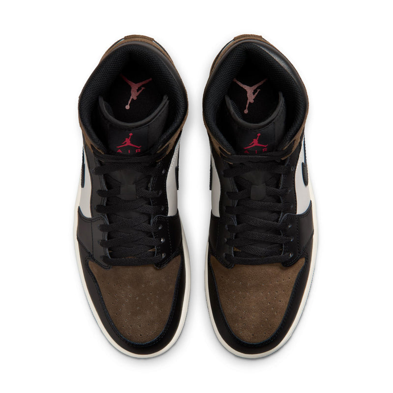 Mens mid-top sneakers with black toe cap, tan panels, and black laces; red Jumpman logo