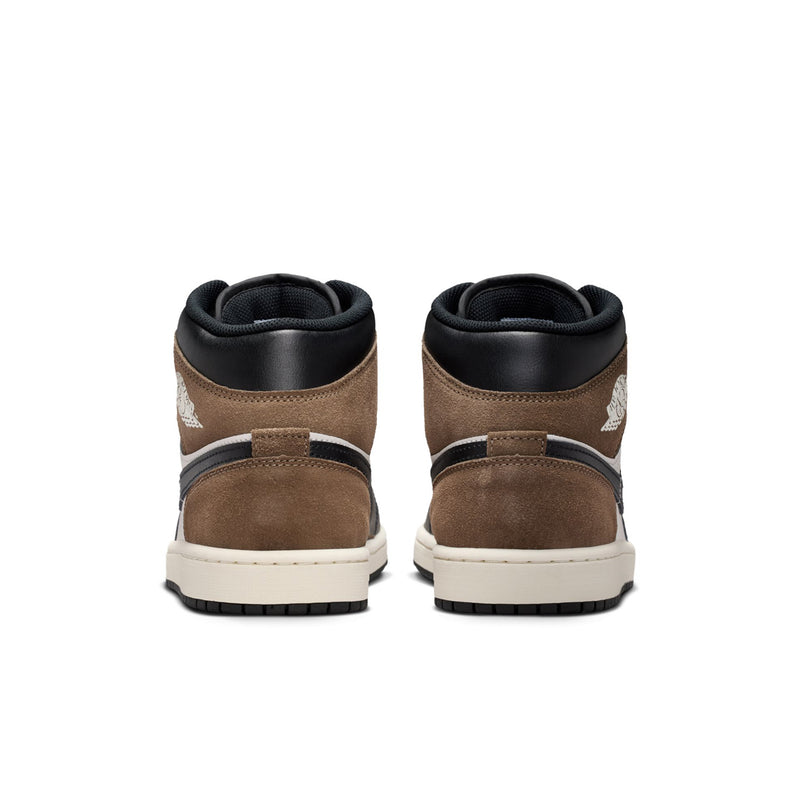 Back view of mens mid-top sneakers in tan suede with black heel collar and white midsole