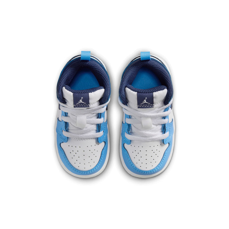 Toddler mid-top sneakers with blue laces and padded collar, white and light blue upper