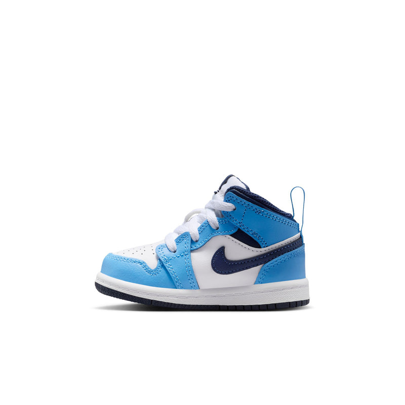 Toddler mid-top sneakers in white and light blue with dark navy top panel