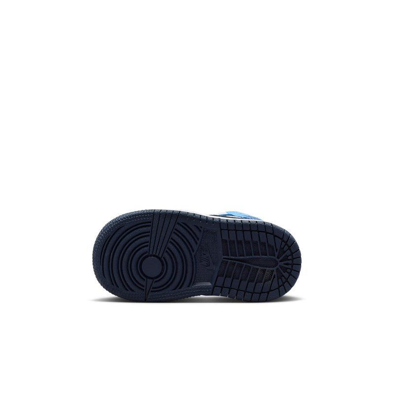 Toddler mid-top sneakers outsole view, dark navy tread with light blue upper edge