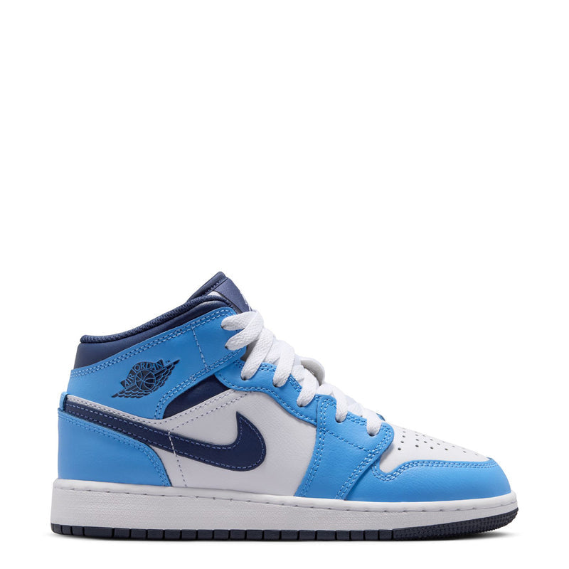 Youth mid-top sneakers in white, light blue, and navy with lace-up design.