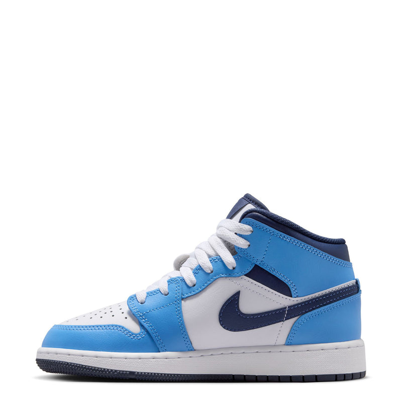 Youth Air mid-top sneakers, white and light blue with navy swoosh and laces.