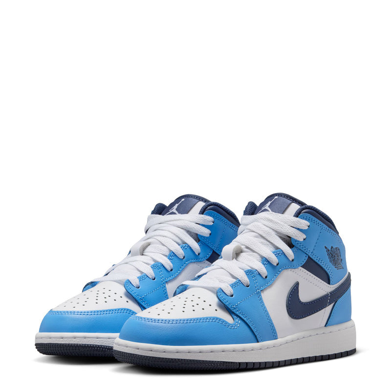 Pair of youth mid-top sneakers in white and light blue with navy side swooshes.