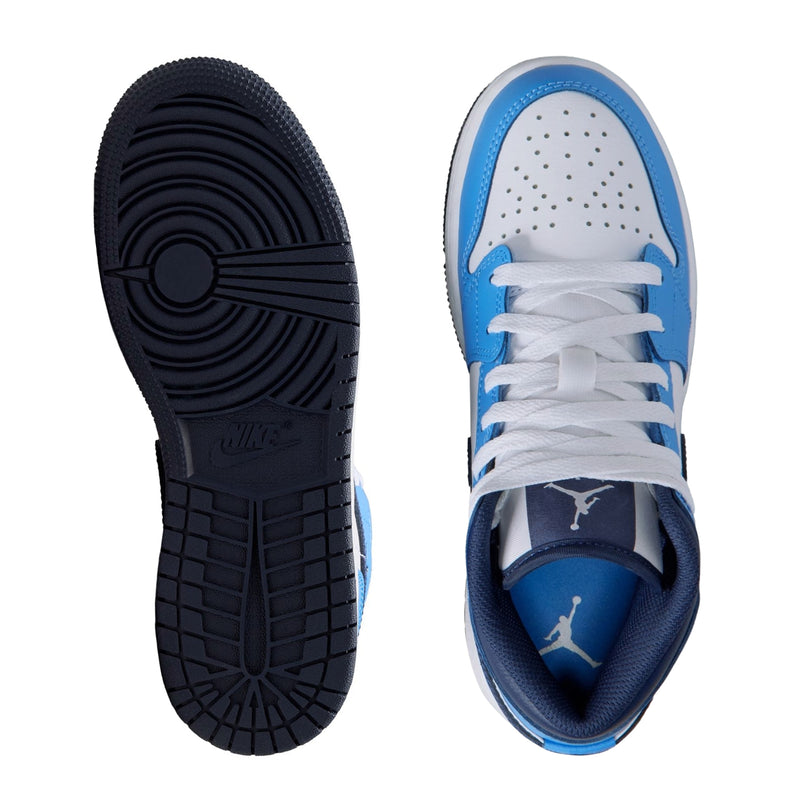 Youth sneakers: outsole and top view with perforated toe and white lace-up.