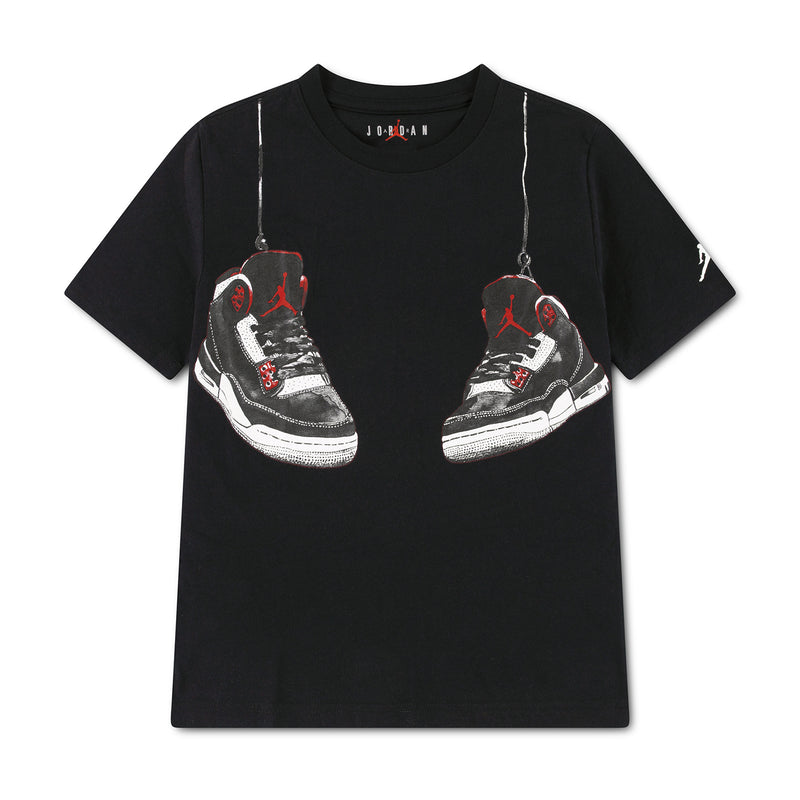 Black youth T-shirt with front sneaker graphic, red and white accents, Jordan logo