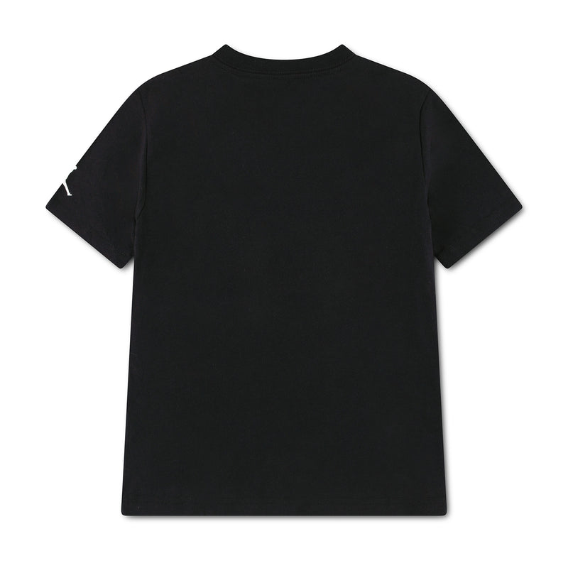 Black youth T-shirt back view, solid design with crew neck