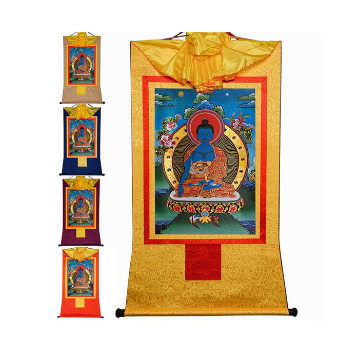 Akshobhya-A Buddha before Bhaisajyaguru Medicine Buddha - Tibetan thangka painting, front view