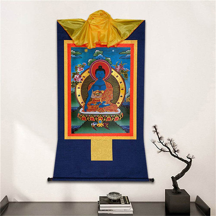 Akshobhya-A Buddha before Bhaisajyaguru Medicine Buddha - Tibetan thangka painting, detailed view