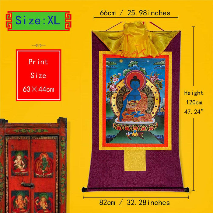 Akshobhya-A Buddha before Bhaisajyaguru Medicine Buddha - Tibetan thangka painting, close-up detail