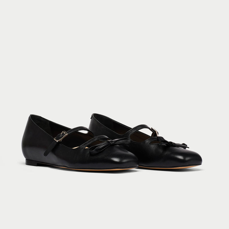 Alexa - Black Leather Ballerinas with Bow