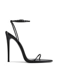 Black barely-there strappy stiletto sandal by FEMME LA, side view showing ultra-slim heel, ankle strap with buckle, and single toe strap