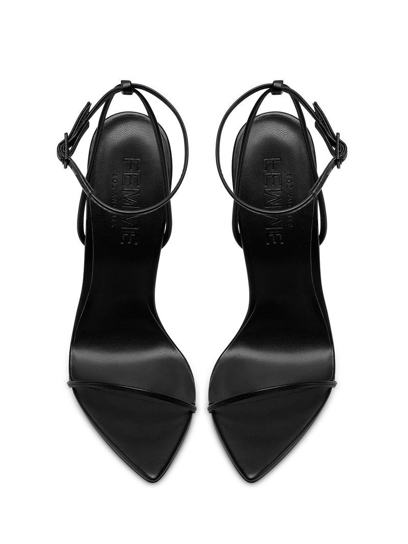 FEMME LA ANDX Sandal black pair, overhead flat lay showing FEMME LOS ANGELES embossed insoles, ankle straps, and pointed toes