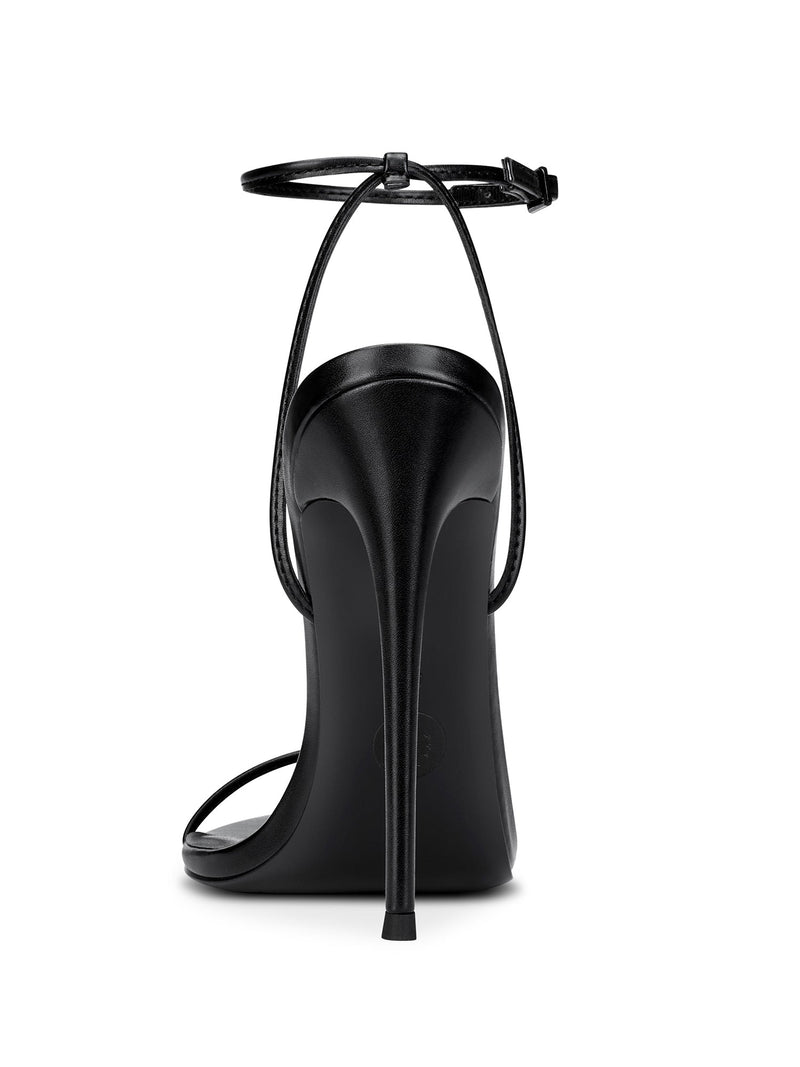 FEMME LA ANDX Sandal in black, back view showing ultra-slim stiletto heel and ankle strap with buckle