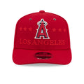 Red baseball cap with Angels logo, embroidered graphics, and adjustable snapback strap